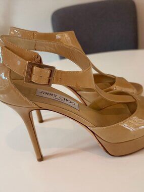 Jimmy Choo- beige patent leather stilleto heels